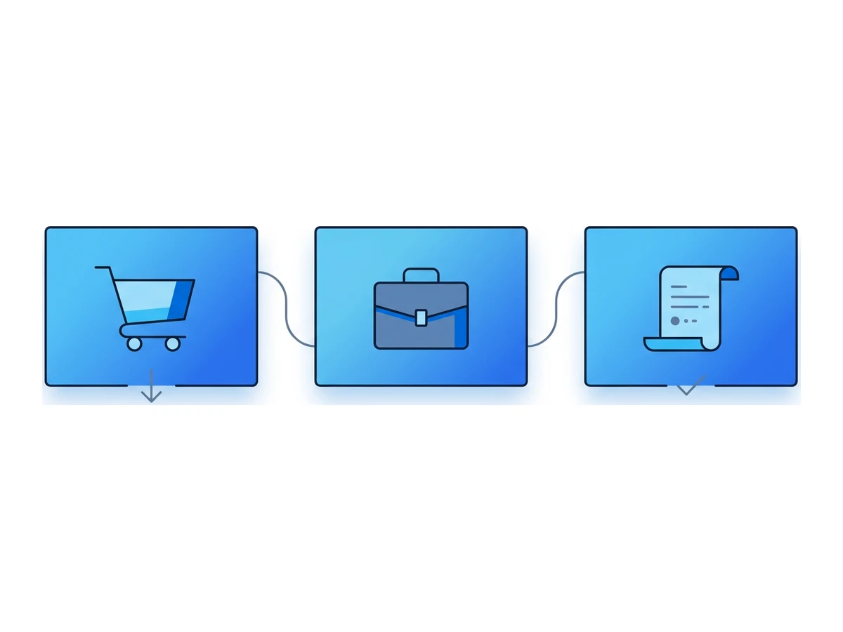 Three rectangular tiles in a row containing a shopping cart, a briefcase, and a document scroll
