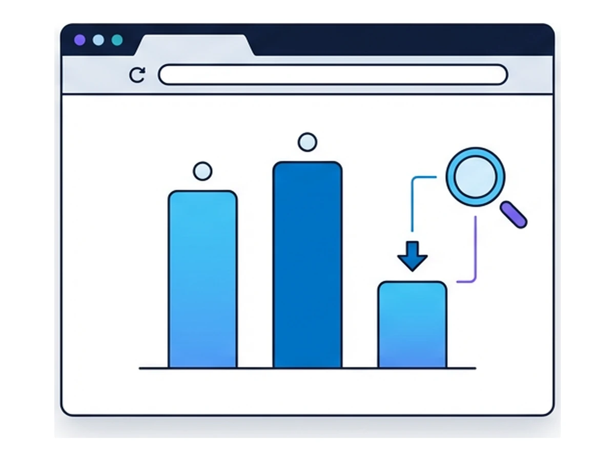 A browser window with three vertical price-bar columns and a small magnifying glass and arrow near one column, representing price monitoring