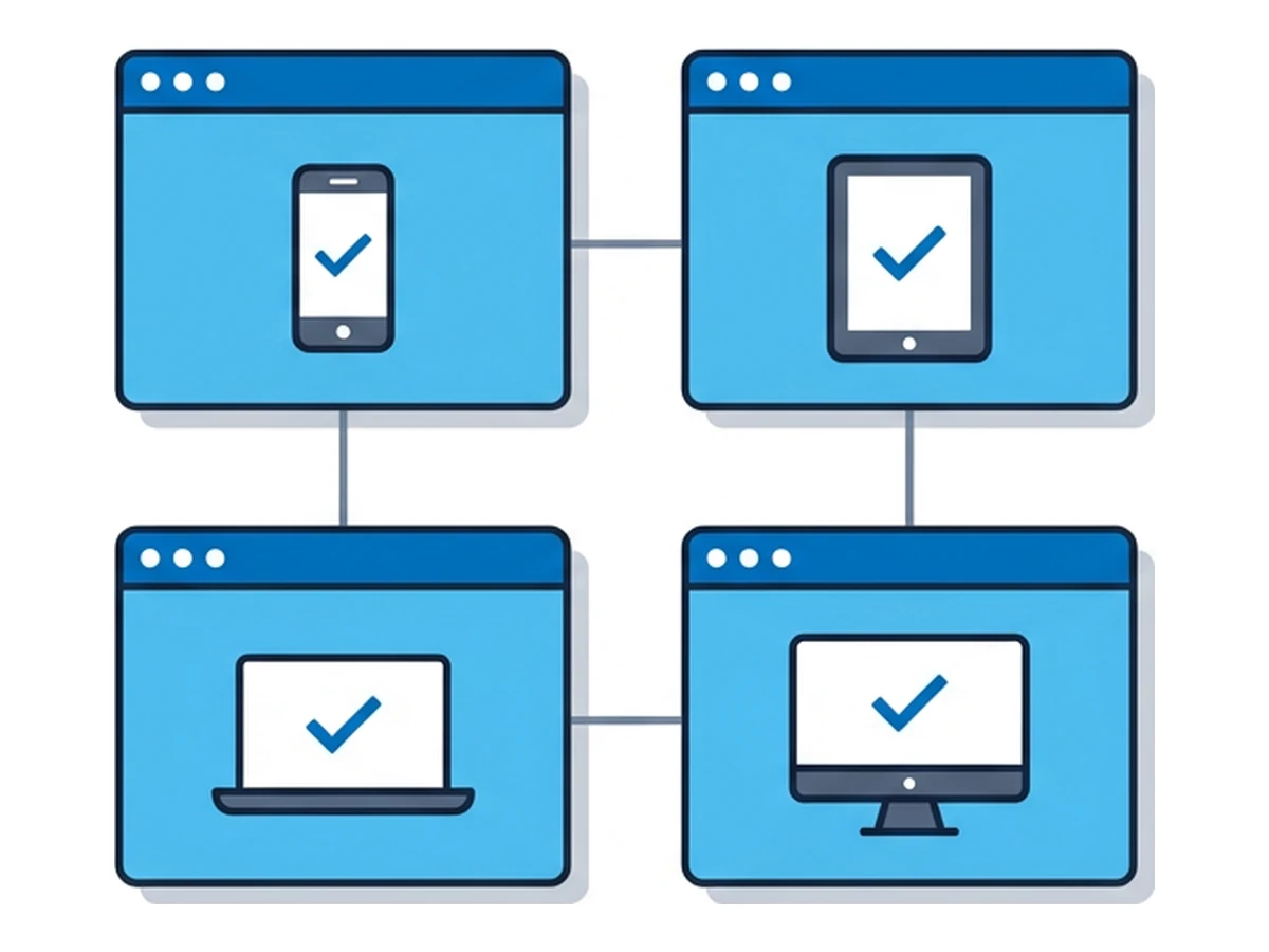 A two-by-two grid of browser windows each labelled with a different device icon and tiny checkmarks
