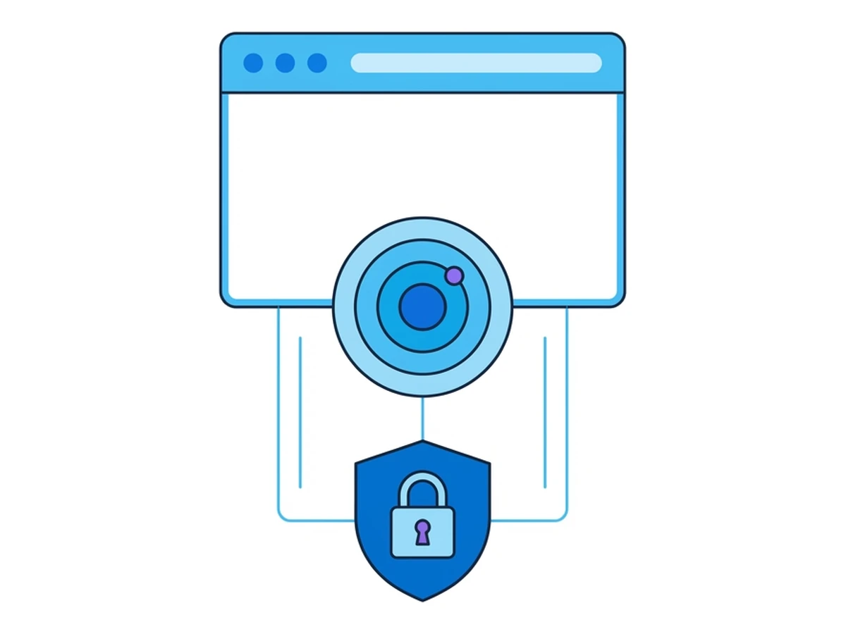 A flat vertical stack: a browser window on top, concentric onion rings in the middle, a padlock shield at the bottom, connected by thin lines