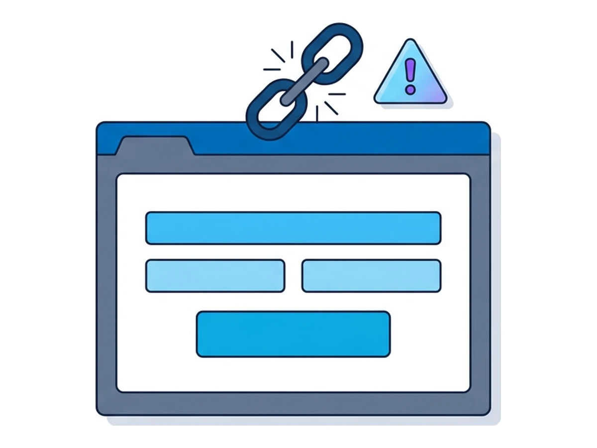 A flat browser window with form fields inside and a broken chain link plus a warning triangle hovering above the header