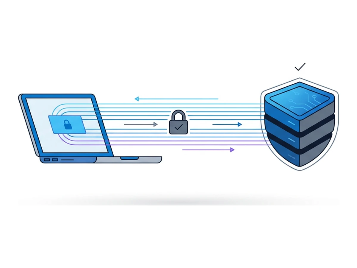 A laptop on the left connected via a tunnel of thin lines to a shield-shaped server on the right, with a small padlock in the middle