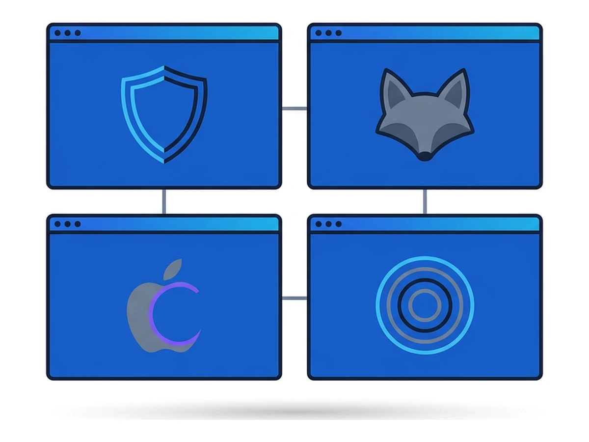Quatre fenêtres de browser disposées en grille 2x2, chacune affichant un sceau de mécanisme privacy différent : un bouclier sur des rectangles publicitaires, une oreille de renard à côté de cookies partitionnés, une feuille de pomme au-dessus d'une horloge, et des anneaux d'oignon concentriques