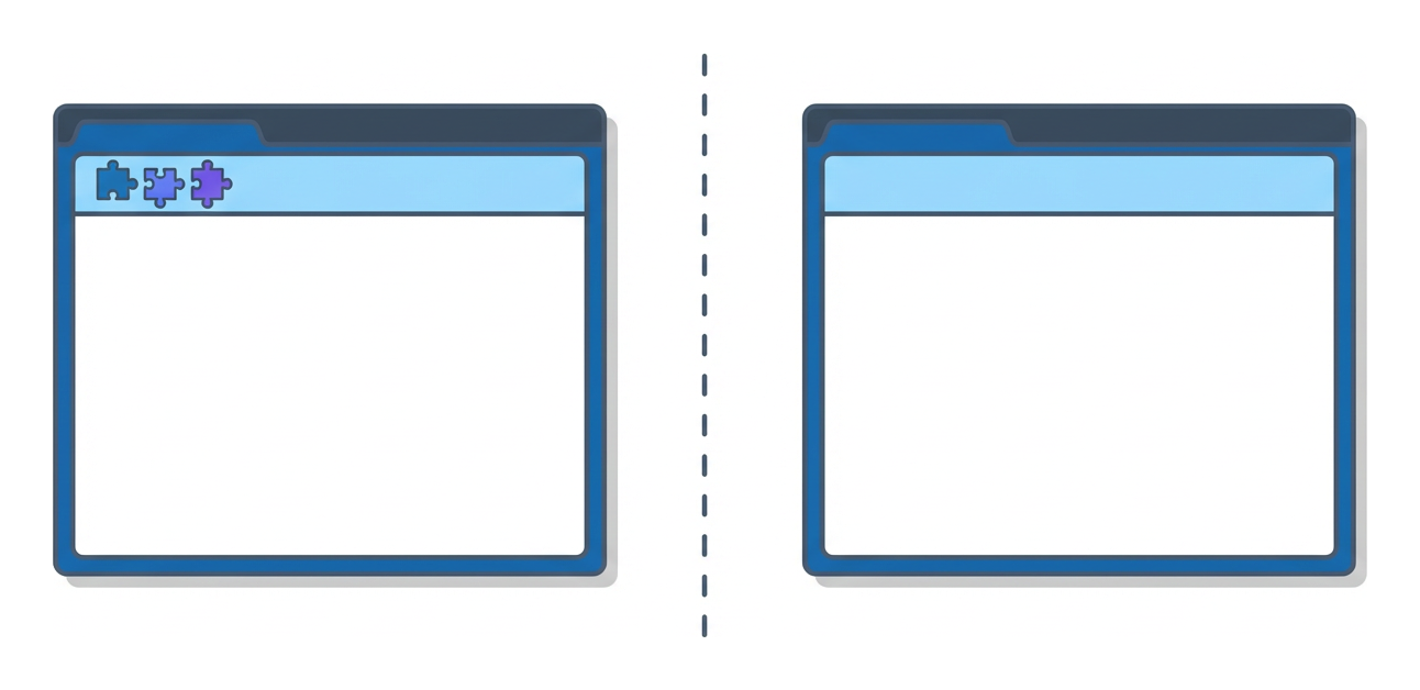Zwei Browser-Fenster nebeneinander, eines mit drei Puzzle-Symbolen, das andere leer, ein gestrichelter Trennstrich dazwischen