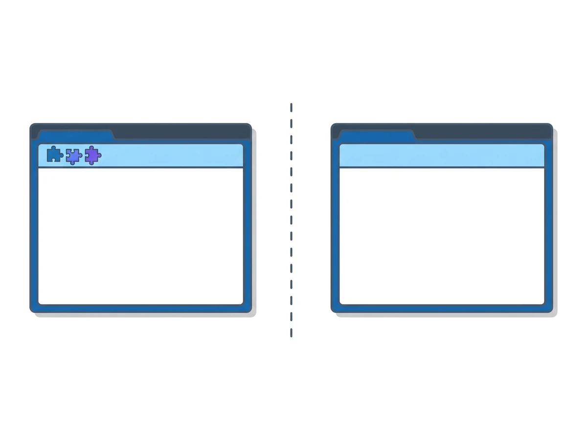 Two browser windows side by side, one with three puzzle piece icons, the other empty, a dashed separator between them
