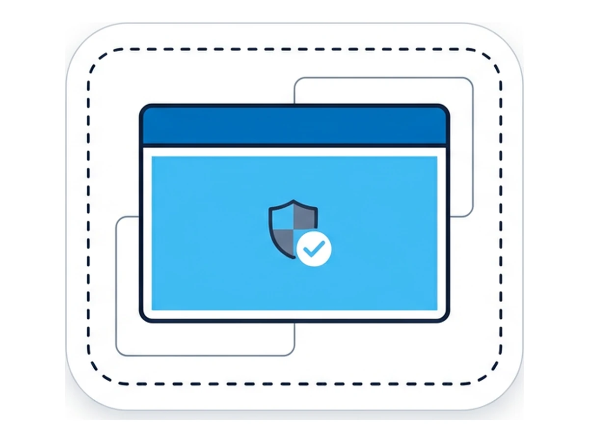Ein Browser-Fenster innerhalb eines grösseren abgerundeten Containers mit gestrichelter Umrandung, Symbol für eine Isolationsblase