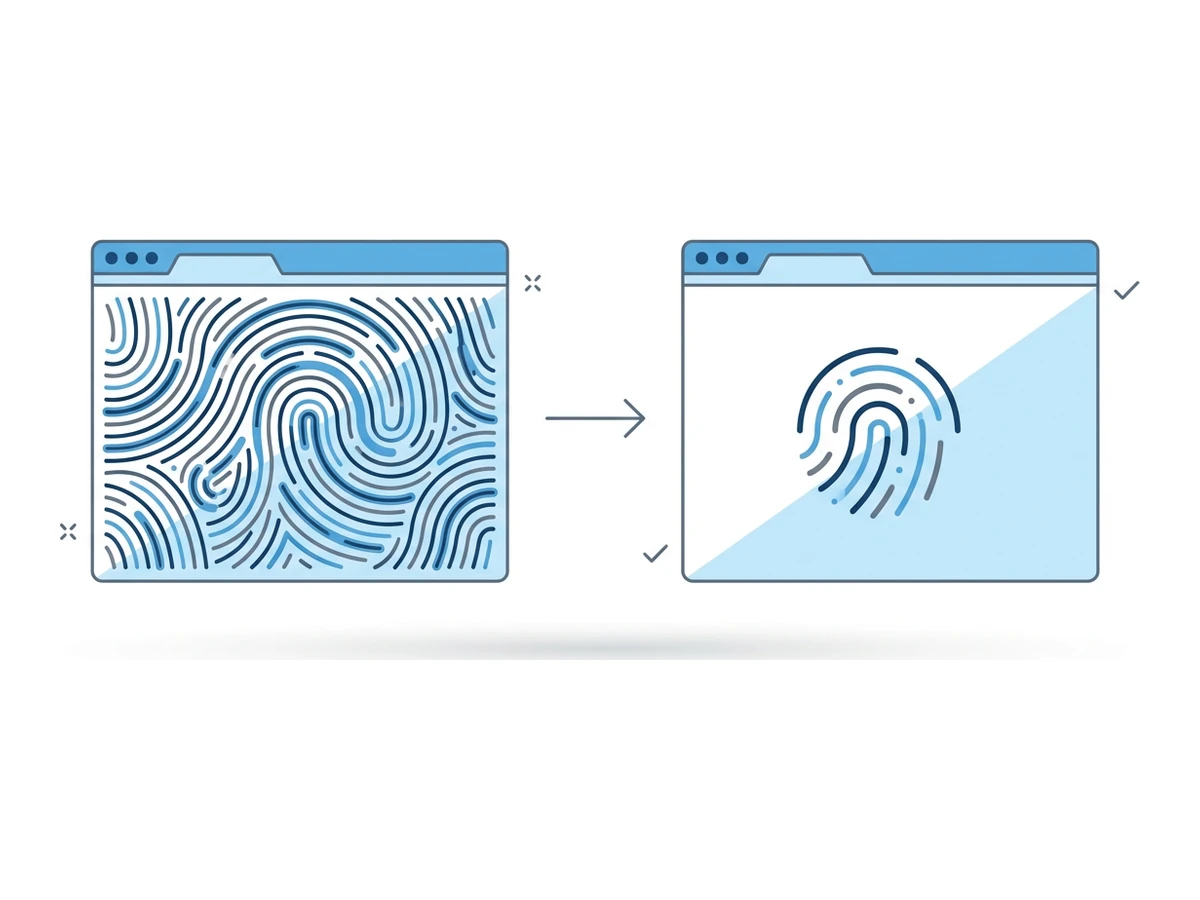 Zwei Browser-Fenster nebeneinander, jedes mit einem anderen Fingerprint-Muster, dazwischen ein Pfeil, der den Vergleich andeutet