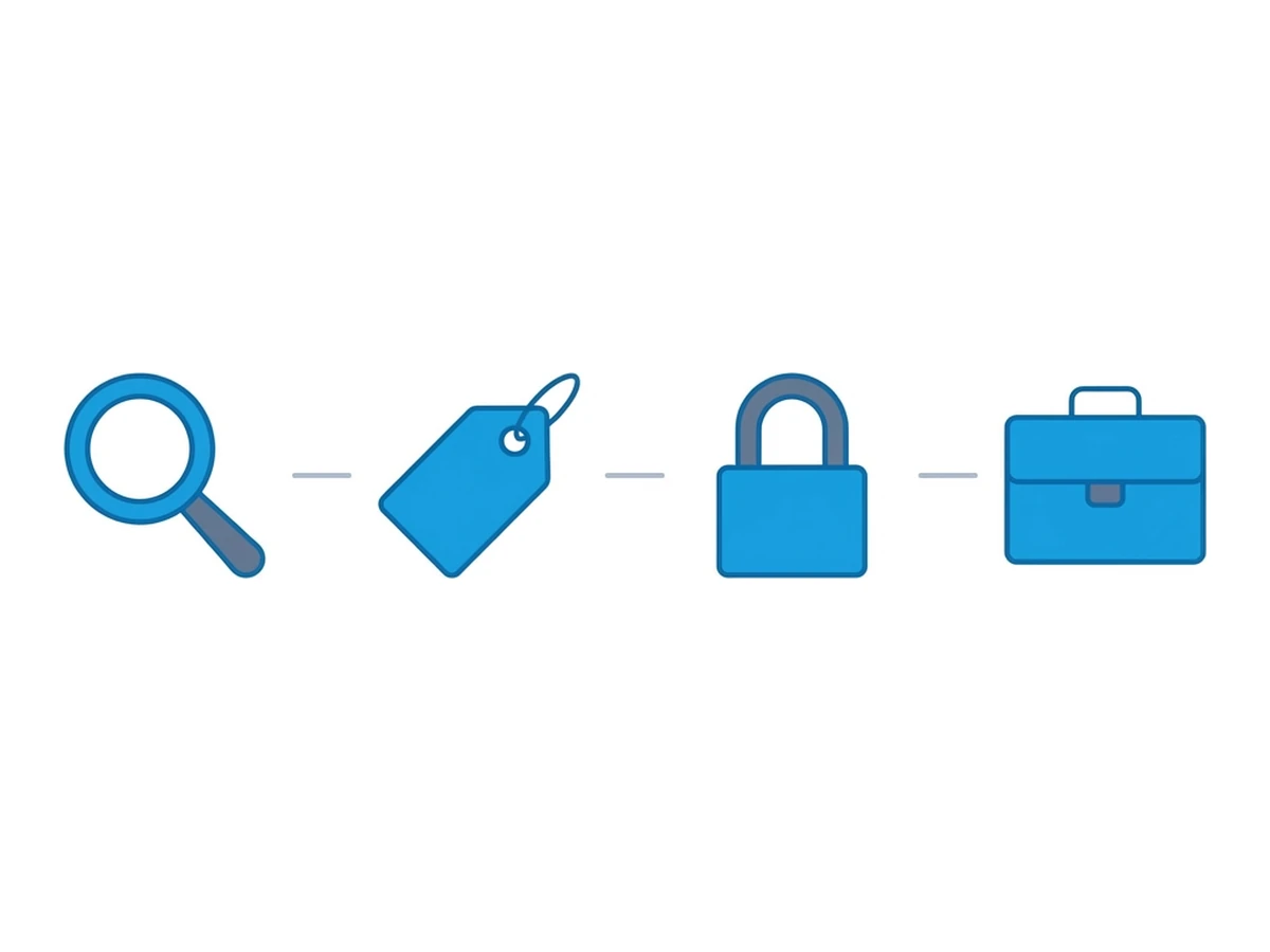 Vier Icons in einer Reihe (Lupe, Preisschild, Vorhängeschloss, Aktenkoffer), die Analyse-Anbieter, Werbenetzwerke, Betrugssysteme und Datenhändler symbolisieren