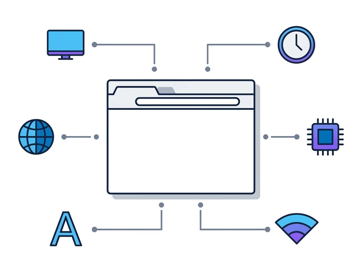 Ein Browser-Fenster mit sechs Attribut-Icons (Bildschirm, Chip, Schrift, Uhr, Globus, Signal), die rundherum angeordnet sind und zeigen, welche Merkmale preisgegeben werden