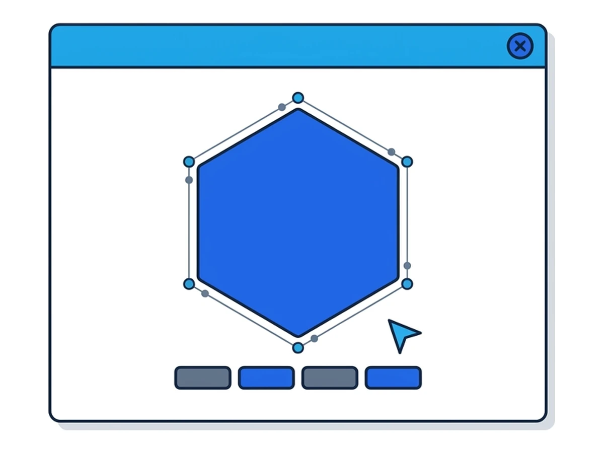 Finestra di browser con un'area canvas esagonale i cui bordi sono tracciati da punti di misura, e una fila di rettangoli sotto a rappresentare l'hash