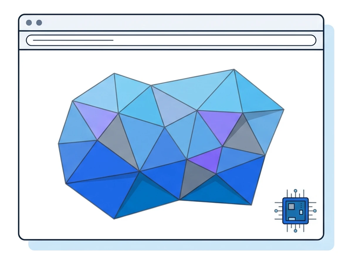 Finestra di browser con una forma triangolata low-poly fatta di triangoli sottili collegati e una piccola icona di chip nell'angolo