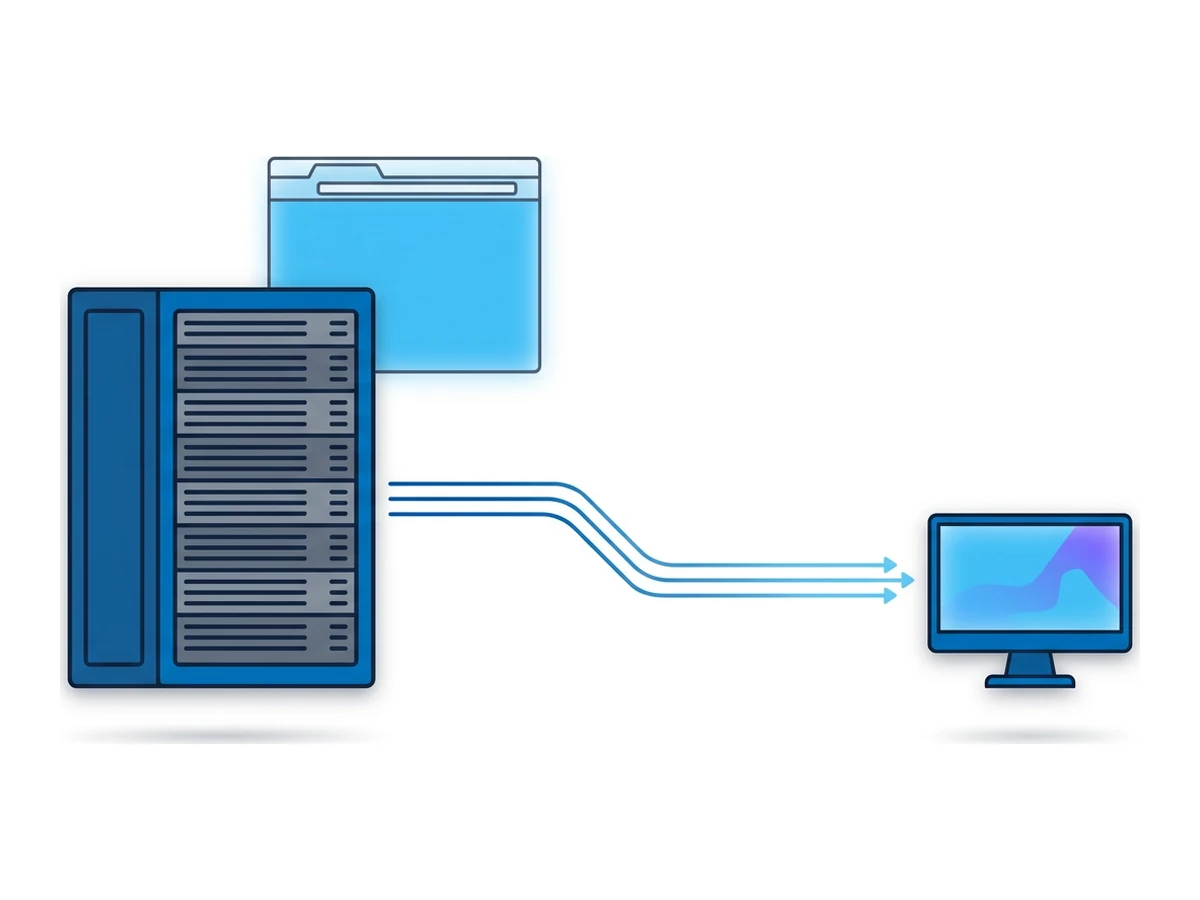 A server rack streaming pixels through thin parallel lines to a small monitor, with a browser window hovering above the rack