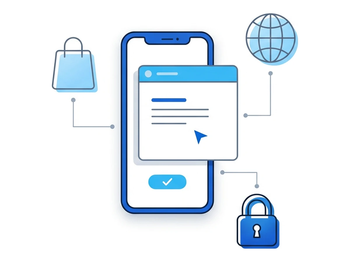 A smartphone showing a browser window with small satellite icons for shopping, browsing, and security floating around it