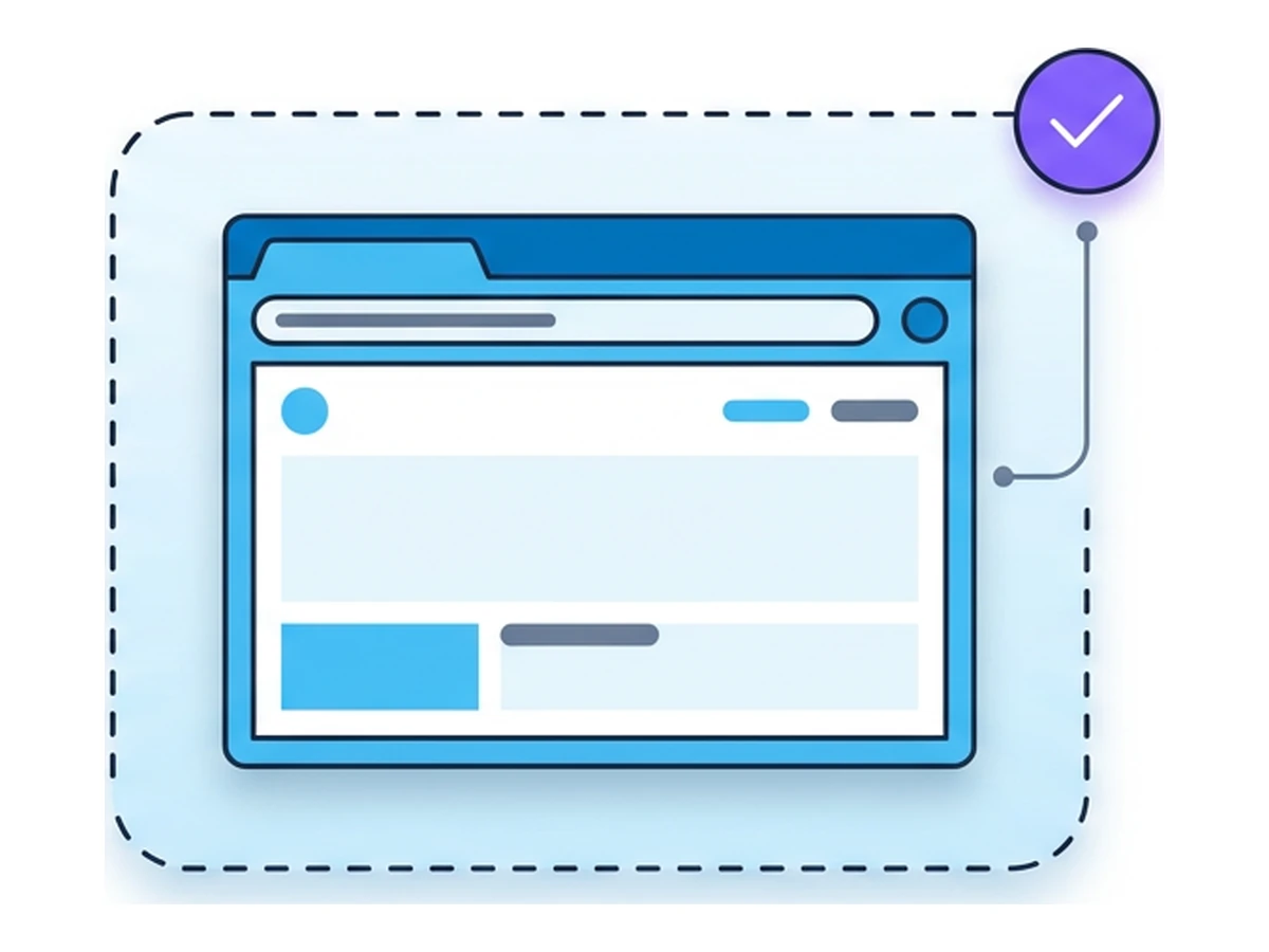 A flat browser window enclosed in a rounded dashed isolation container with a small check-circle badge at the top-right
