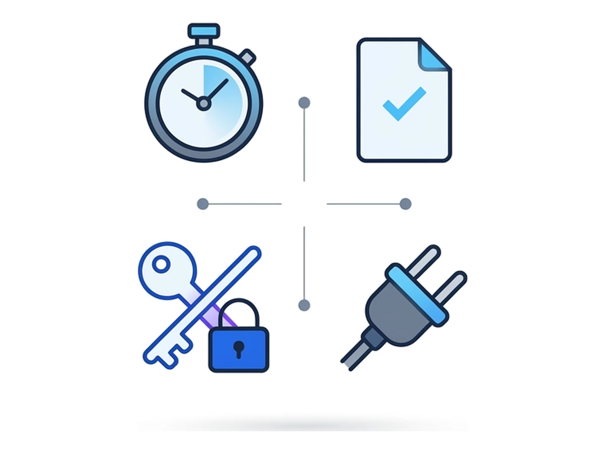 Four icons in a two-by-two grid: a stopwatch, a document with a checkmark, a key with a padlock, and a plug connector