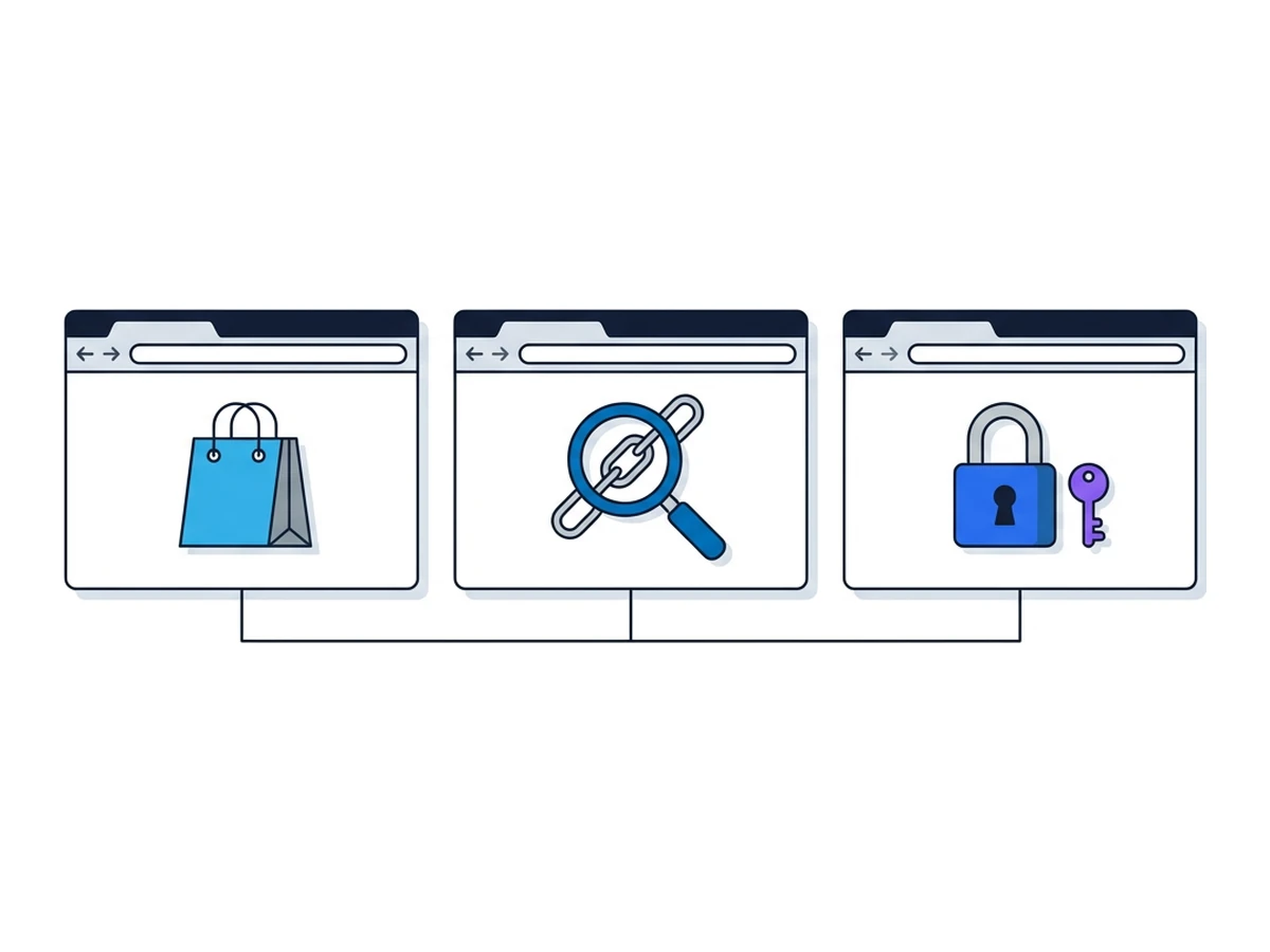 Three browser window tiles in a row, each showing a purpose-specific icon: a shopping bag, a magnifying glass over a link, and a padlock with a key