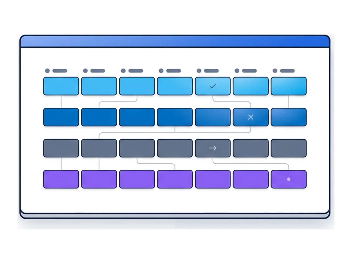 Cuatro filas horizontales de celdas de tabla rectangulares dentro de un marco tipo browser, representando tablas SQLite de historial