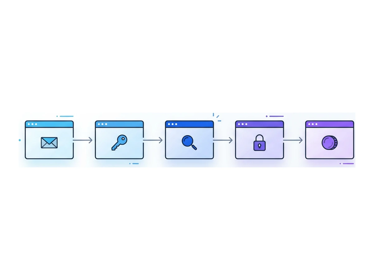 Cinco janelas de browser dispostas na horizontal com setas entre elas, cada uma etiquetada com um pequeno ícone para uma fase de ataque diferente