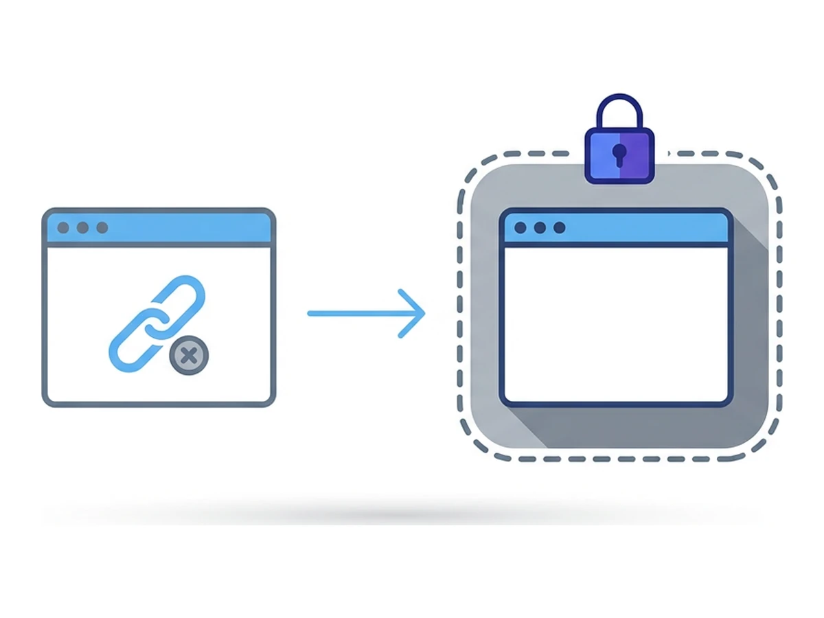 Uma janela de browser com um ícone de link suspeito, uma seta a levar a um segundo browser dentro de uma caixa de quarentena tracejada com um cadeado por cima