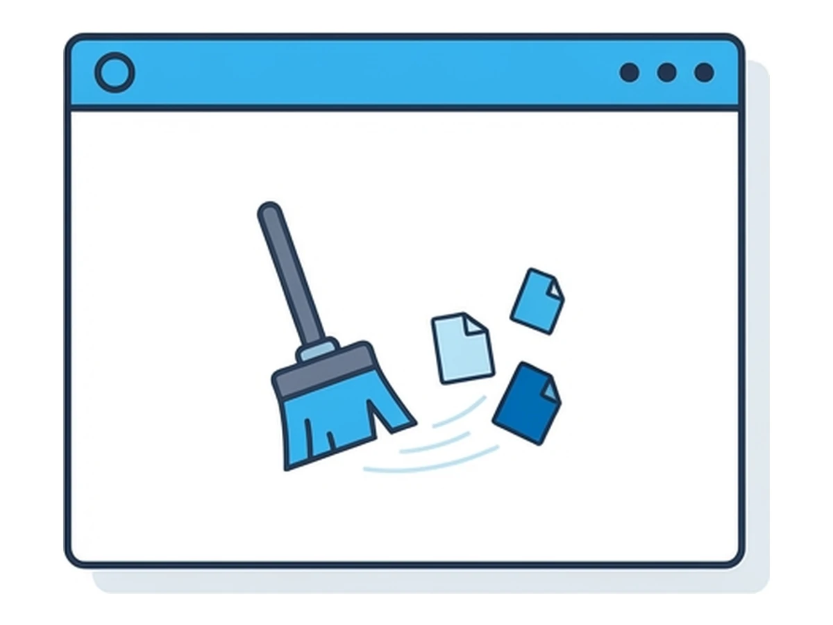 A browser window with a small broom icon sweeping away three tiny document icons inside the window