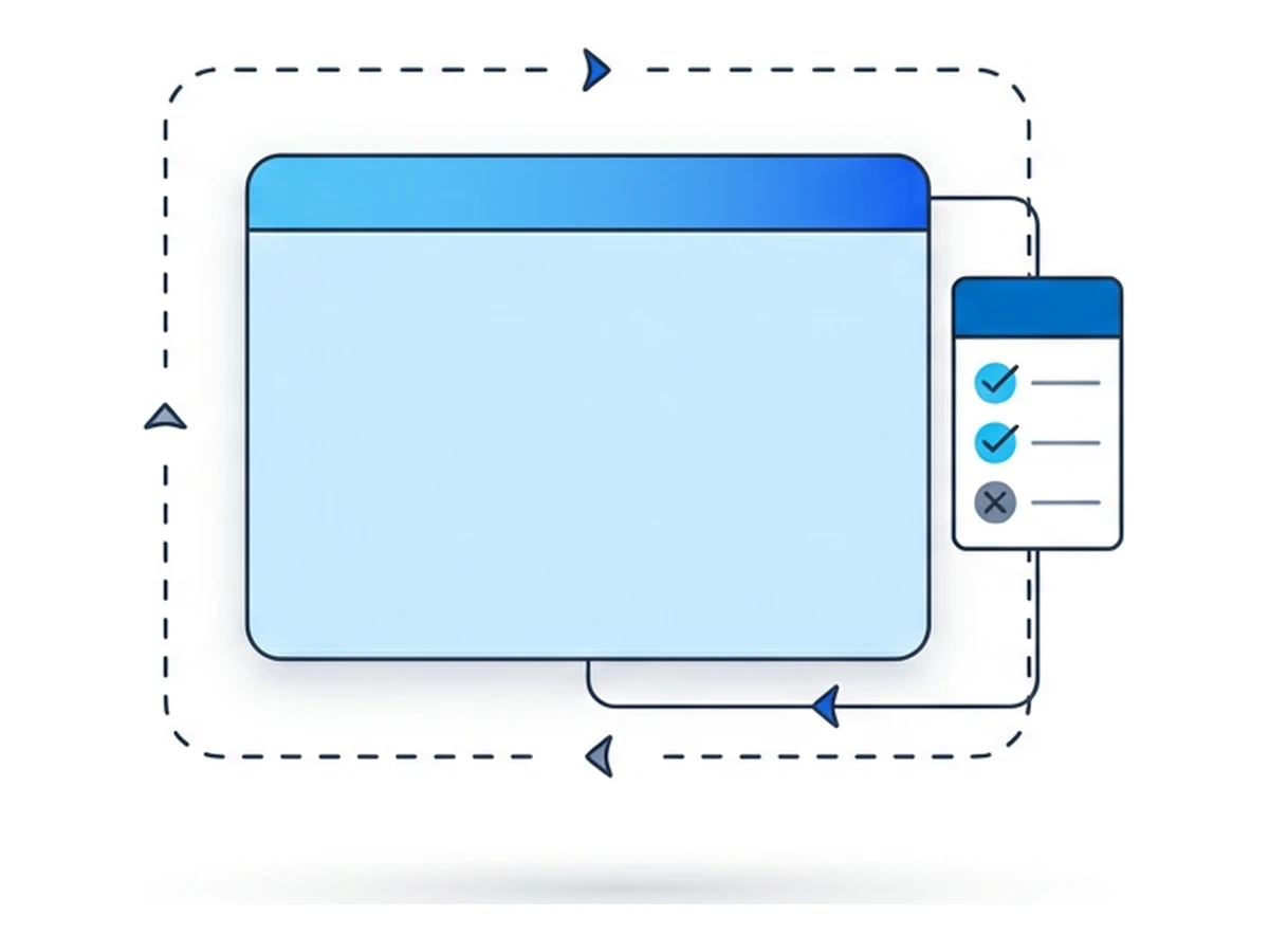 A browser window enclosed inside a dashed rounded container with a small checklist attached to the right side