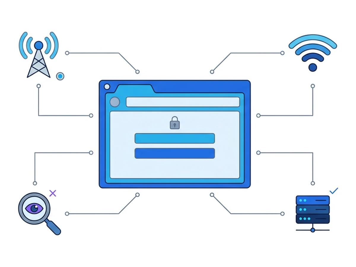 A browser window in the centre with four icons around it: an antenna tower, a wifi signal, a magnifying glass, and a server rack