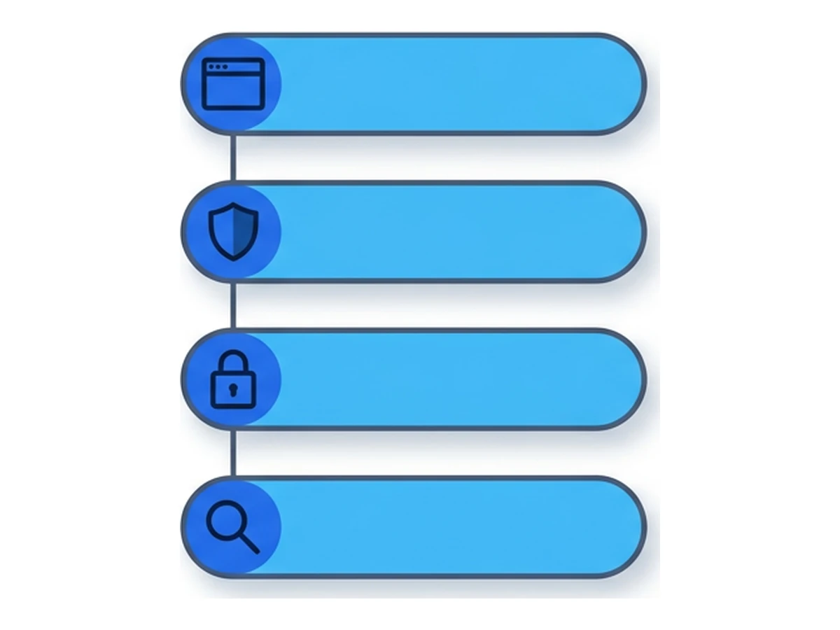 Four flat horizontal pill-shaped bars stacked vertically, each labelled on the left with a browser, shield, padlock, and magnifying-glass icon