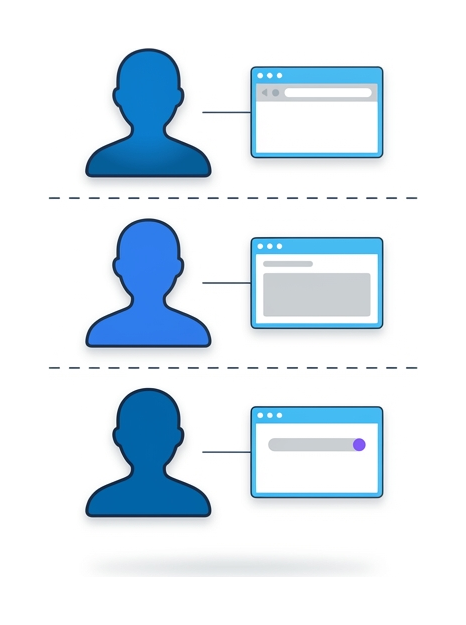 Tres siluetas de perfil apiladas verticalmente, cada una con su propio pequeño contorno de browser y una línea punteada separando los perfiles