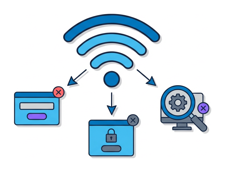 Un'icona di segnale Wi-Fi con tre frecce che si diramano verso tre icone di rischio: una pagina di login falsa, un captive portal e uno scan del dispositivo