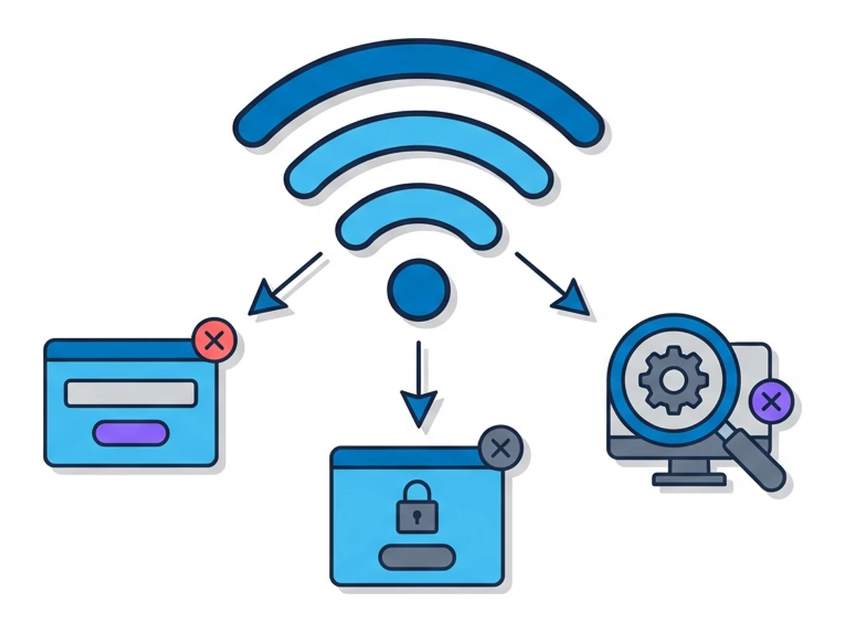 Ein WLAN-Signalsymbol mit drei abzweigenden Pfeilen, jeder Pfeil endet bei einem anderen Risikosymbol (gefälschte Login-Seite, Captive Portal, Geräte-Scan)
