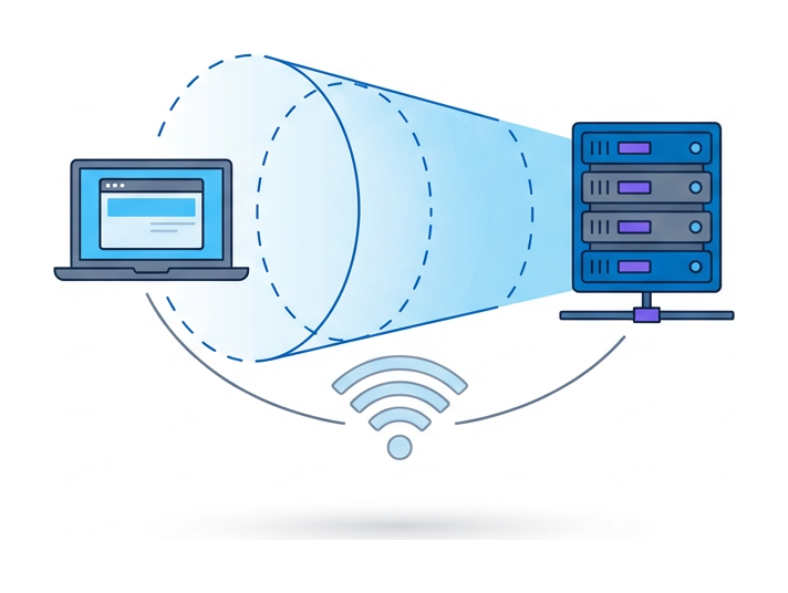 Un laptop con un tunnel tratteggiato che esce dal simbolo Wi-Fi e arriva a un'icona di server