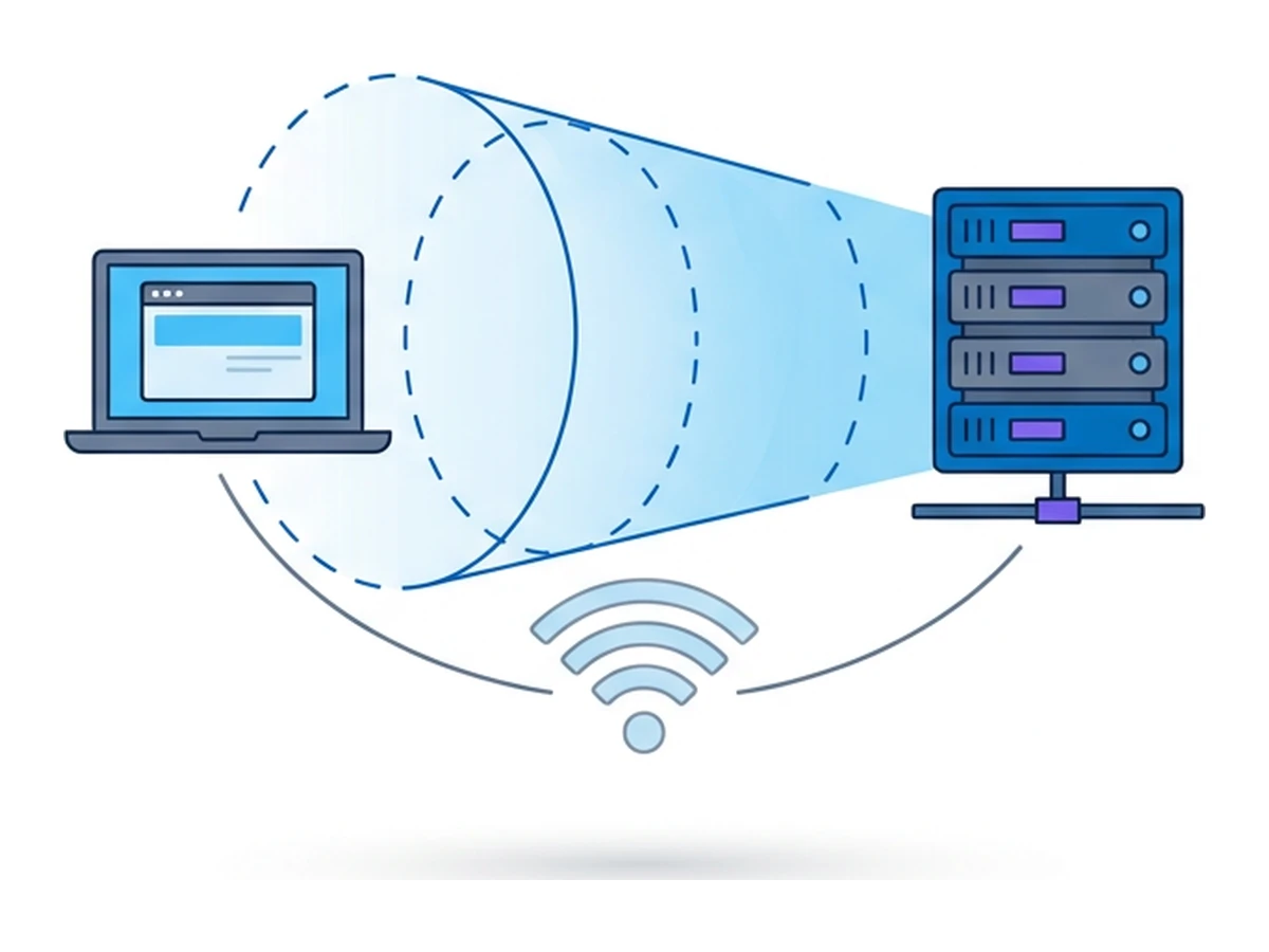 Ein Laptop mit einer gestrichelten Tunnelform, die aus dem WLAN-Symbol herauskommt und zu einem Serversymbol führt