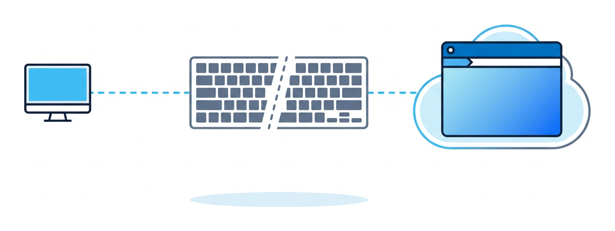 Ein lokaler Monitor verbunden über eine gestrichelte Linie mit einem entfernten Browser-Fenster in einer Cloud-Form, dazwischen eine Tastatur-Silhouette, die gestrichelt durchbrochen ist