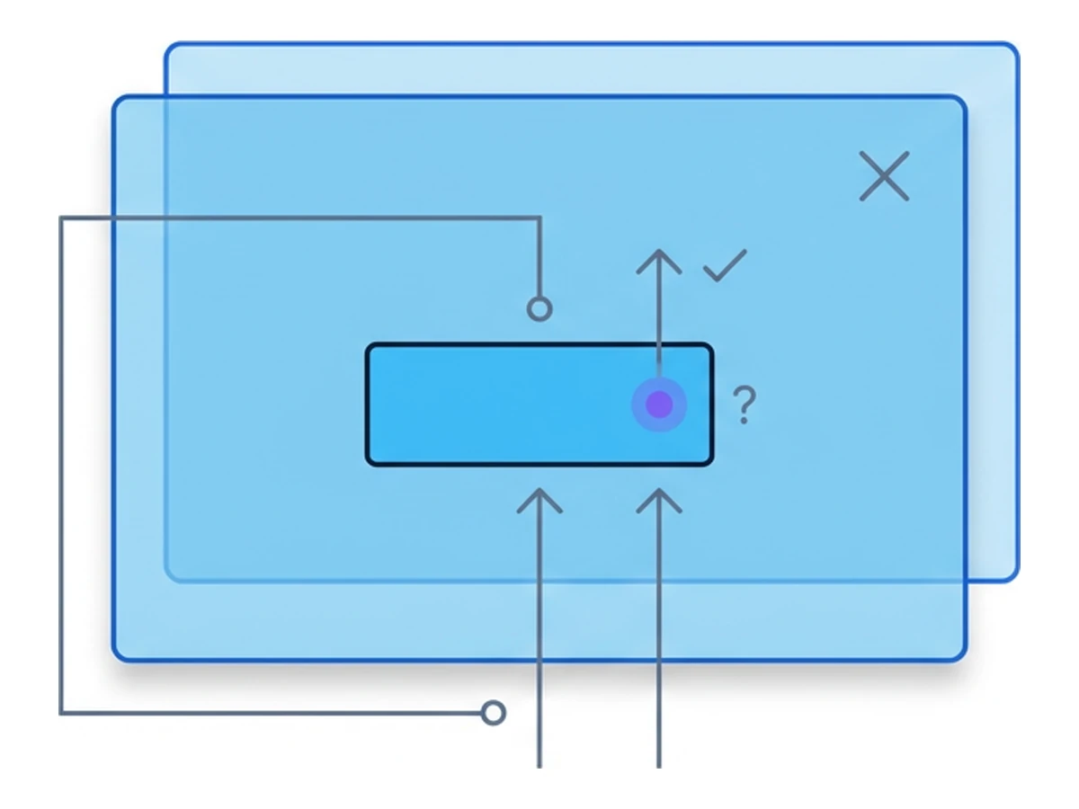 Ein Button mit dem Text-Platzhalter 'Click here' und darüber ein halbtransparentes Overlay eines zweiten Buttons 'Win prize', beide schematisch