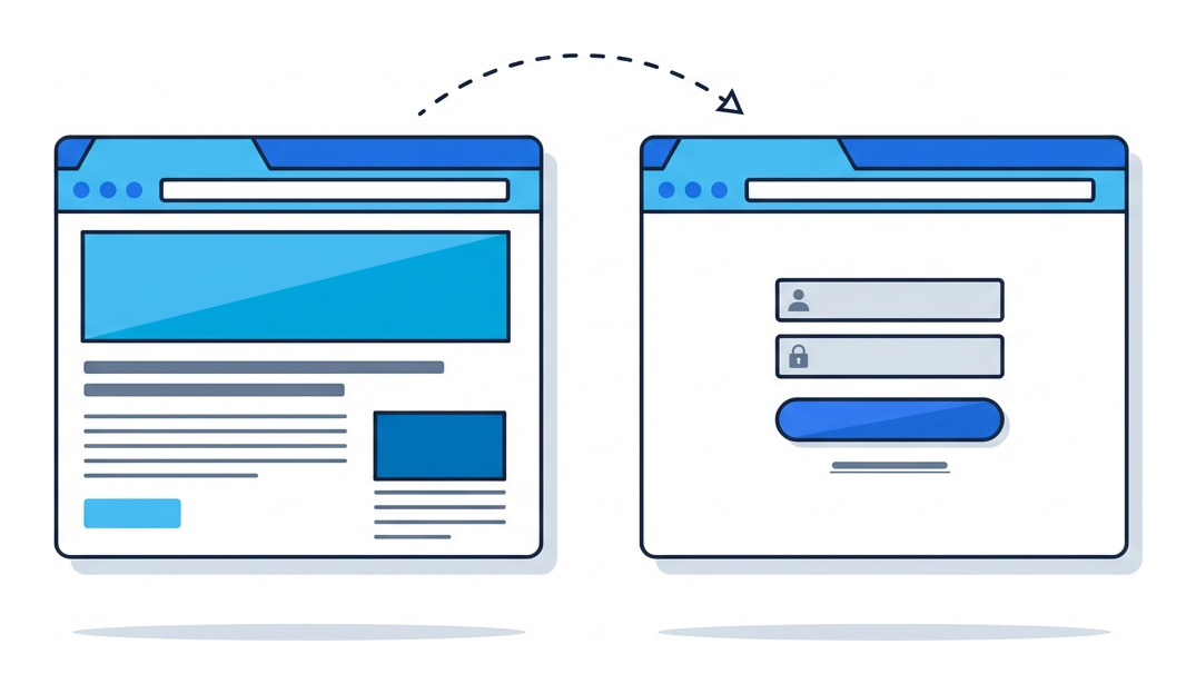 Dos pestañas de browser una al lado de la otra, la de la izquierda muestra una página incompleta, la de la derecha una página de login, con una flecha discontinua que va de izquierda a derecha