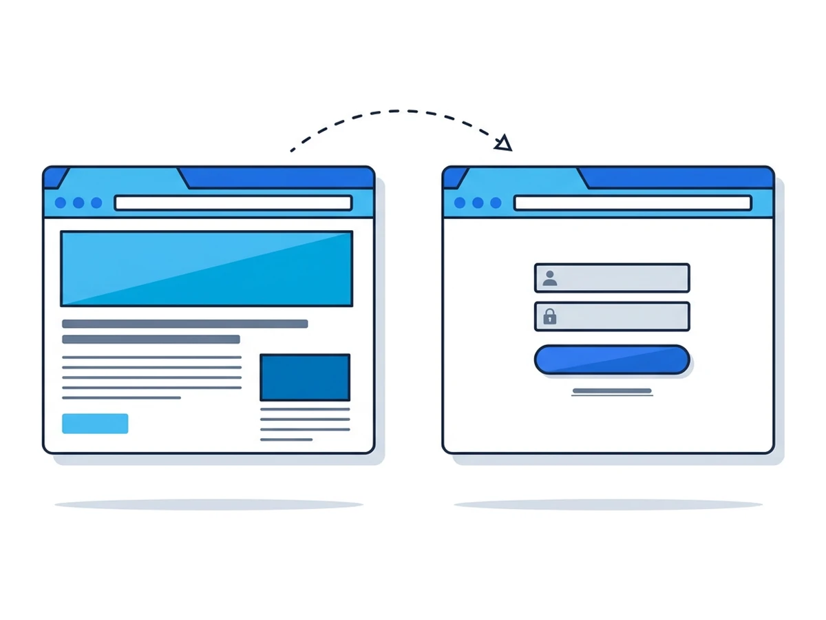 Zwei nebeneinanderstehende Browser-Tabs, der linke zeigt eine unvollständige Seite, der rechte eine Login-Seite, mit einem gestrichelten Pfeil vom linken zum rechten