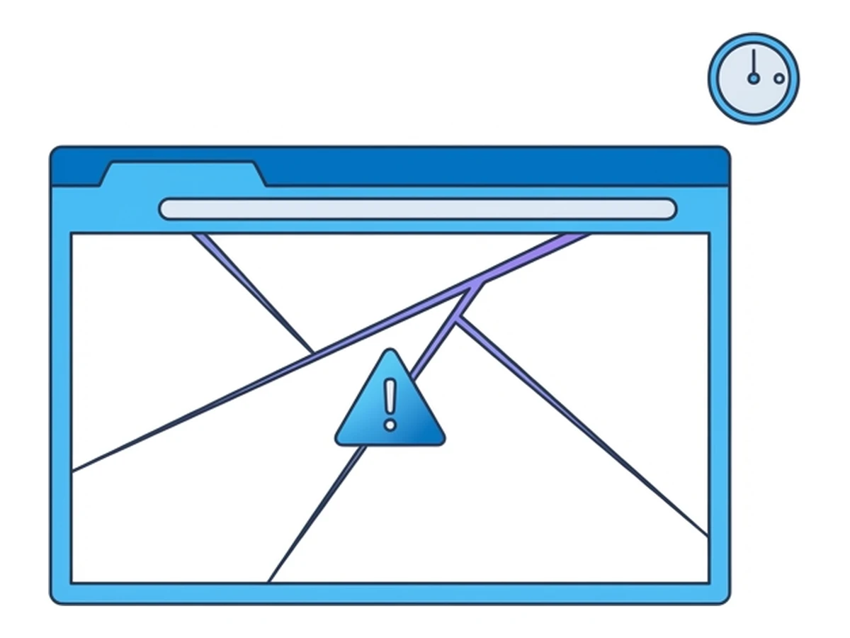 Una ventana de browser plana con tres líneas diagonales de fisura y un triángulo de alerta en su área de contenido, y un pequeño icono de reloj encima