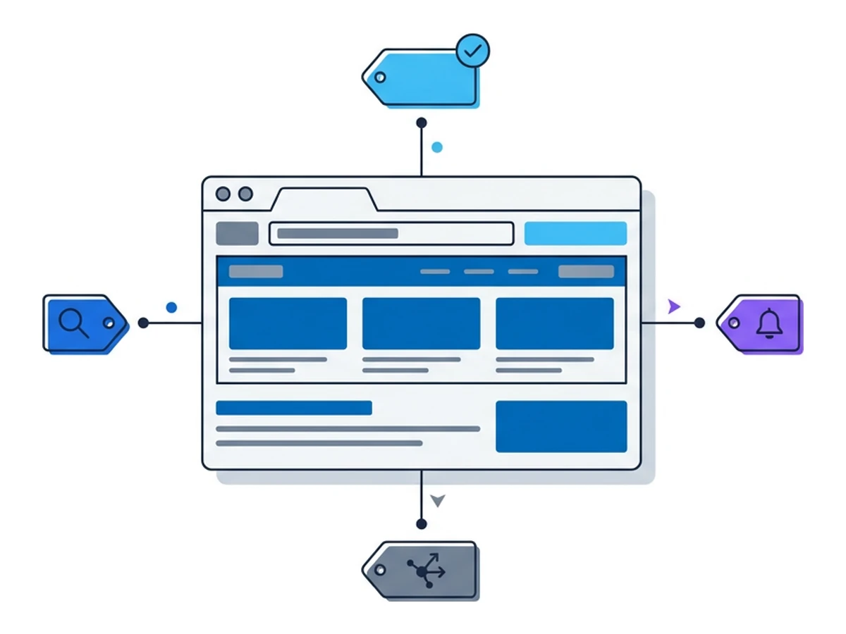 Una ventana de browser rodeada por cuatro pequeñas etiquetas con forma de tag en líneas finas de conexión