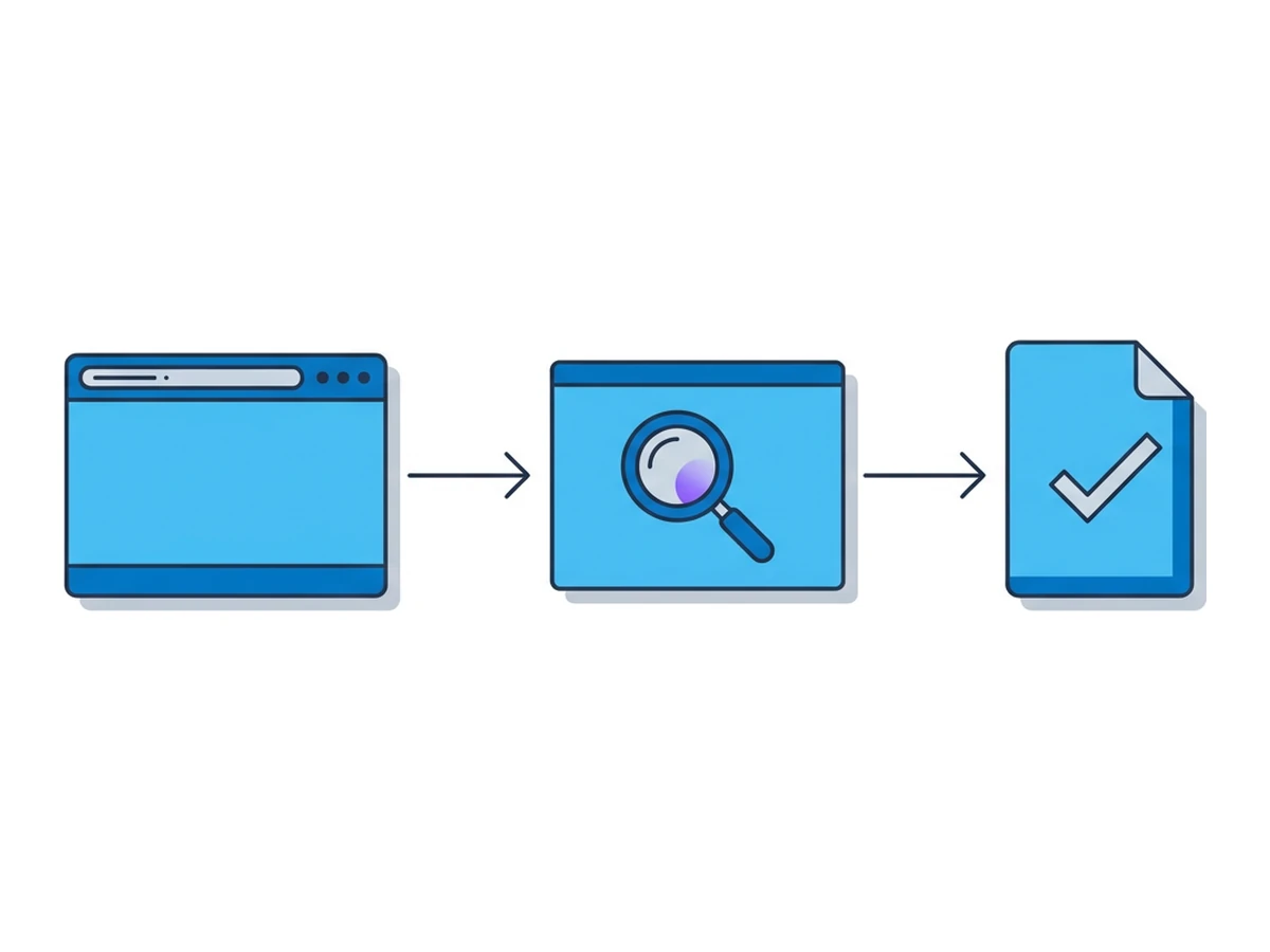 Un browser plano a la izquierda, una flecha hacia un browser con una lupa, otra flecha hacia un documento con un check: triage, análisis, reporting