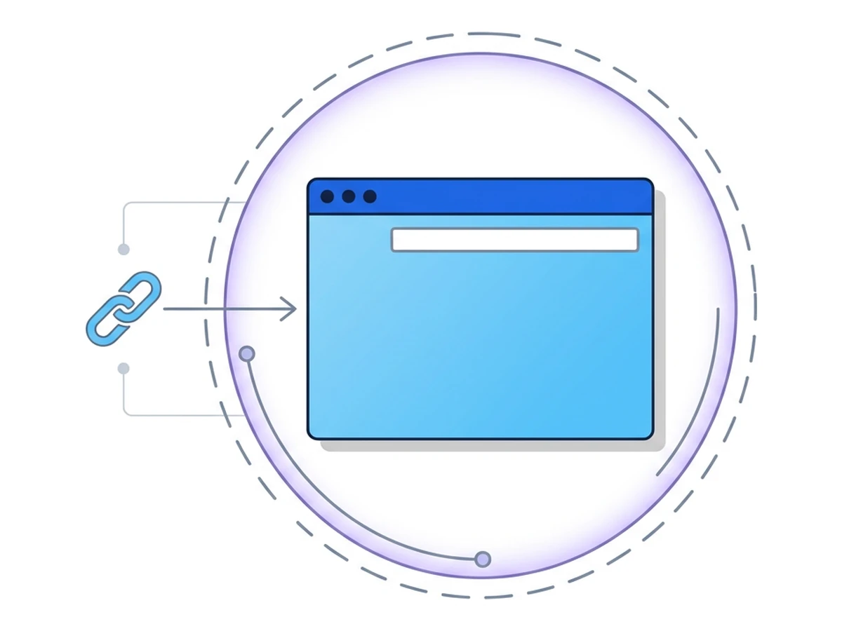 Um ícone de link com uma seta a apontar para uma janela de browser maior e selada dentro de uma bolha tracejada