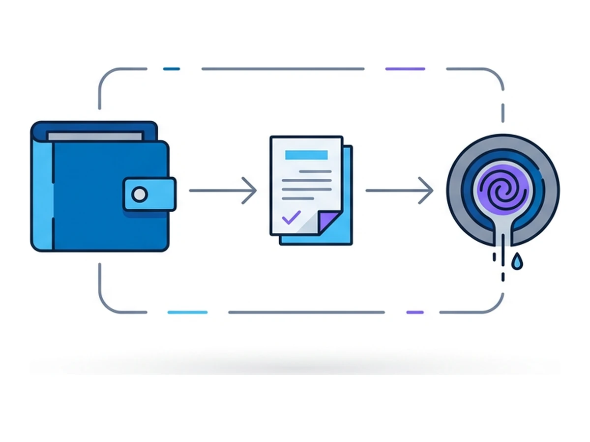 Ein Wallet-Icon mit einer Pipeline zu einem Contract-Symbol, von dort wiederum zu einem Drainer-Icon ausserhalb eines gestrichelten Rahmens