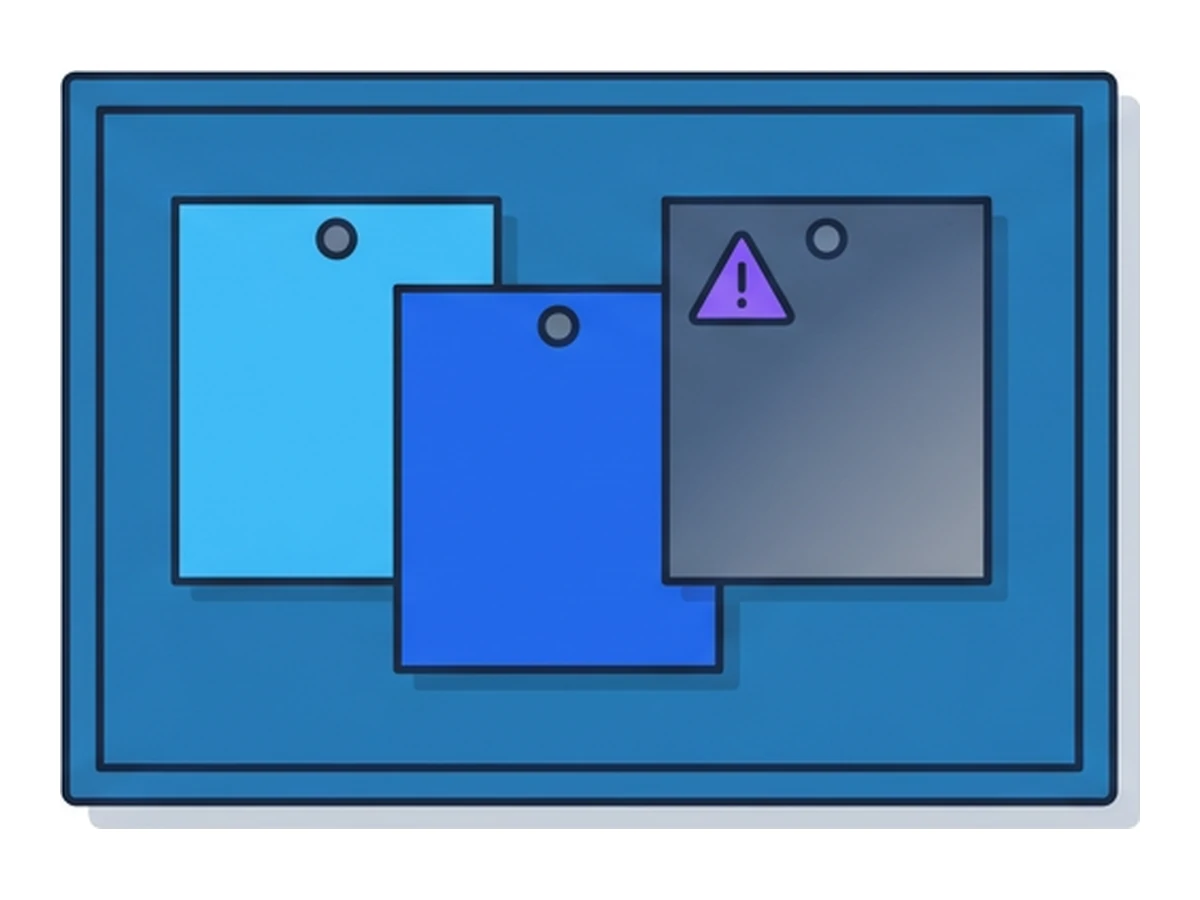A flat rectangular bulletin board with three pinned note-shaped rectangles, one marked with a tiny warning triangle