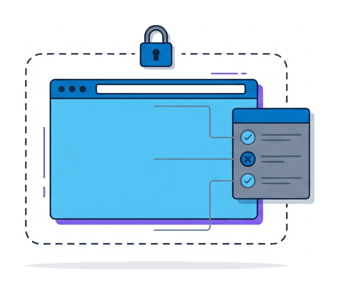 Una ventana de browser dentro de un contenedor redondeado de trazo discontinuo con una pequeña checklist adosada al costado y un candado diminuto encima