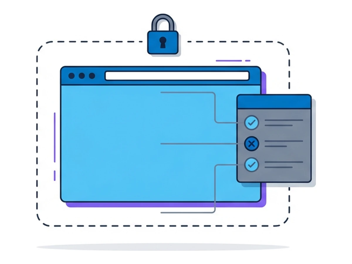 Ein Browserfenster in einem gestrichelten abgerundeten Container mit einer kleinen Checkliste an der Seite und einem winzigen Vorhängeschloss obenauf